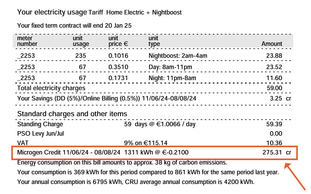 Summer bill example from Electric Ireland